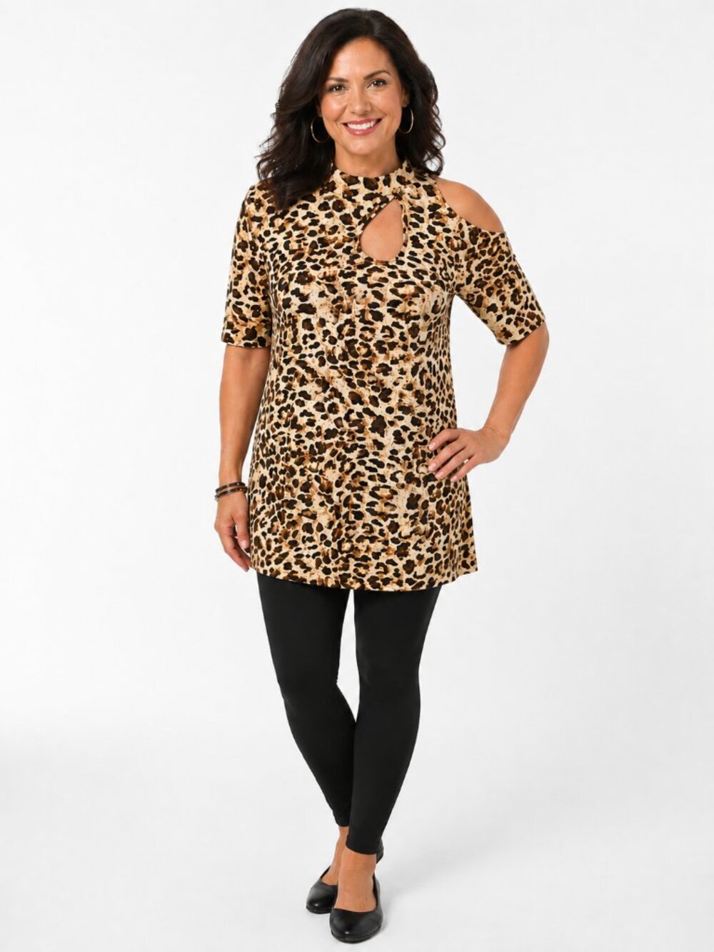 Leopard Print One Cold-Shoulder Tunic Top, Size Medium